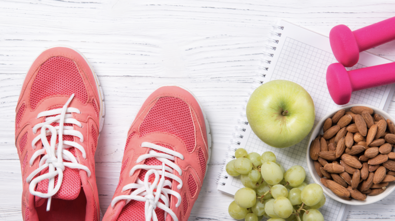 gym shoes, healthy foods, weights