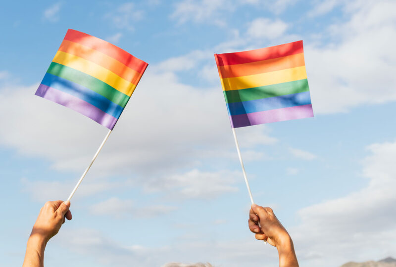hands holding two pride flags in front of blue sky