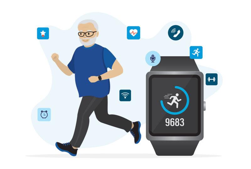 illustration of senior man walking with fitness step tracker