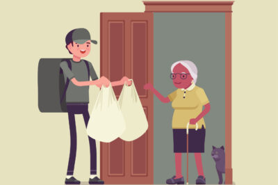 illustration of man delivering meals to elderly woman