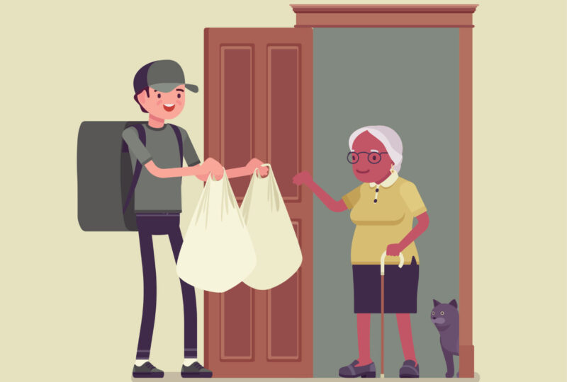 illustration of man delivering meals to elderly woman