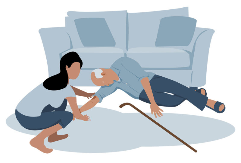 illustration of a senior who has fallen and a caregiver kneeling next to him