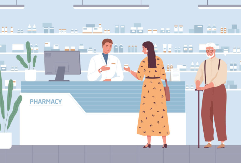illustration of people checking out at the pharmacy counter