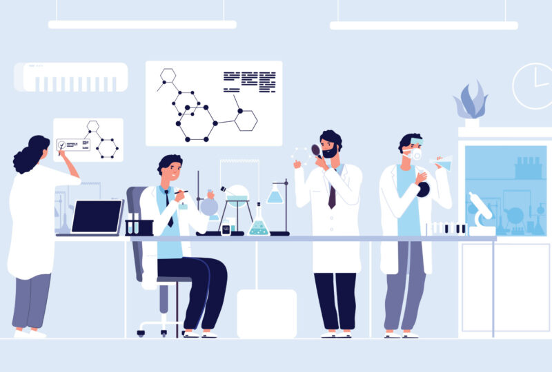illustration with scientists in a lab doing research