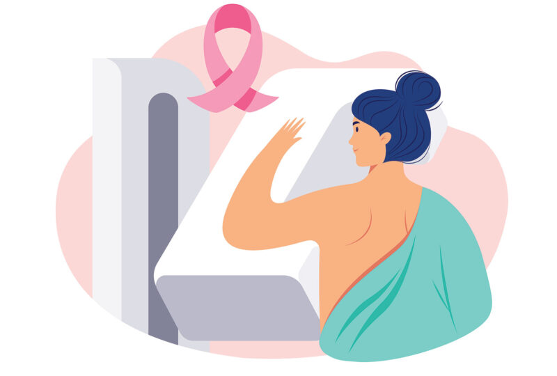illustration of woman getting a mammogram and pink breast cancer awareness ribbon