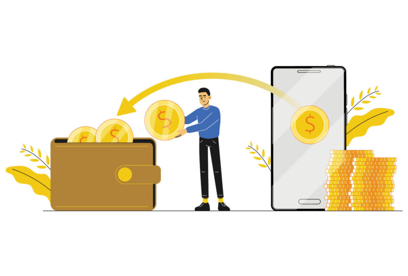 illustration of coins moving from phone to wallet with a man in between