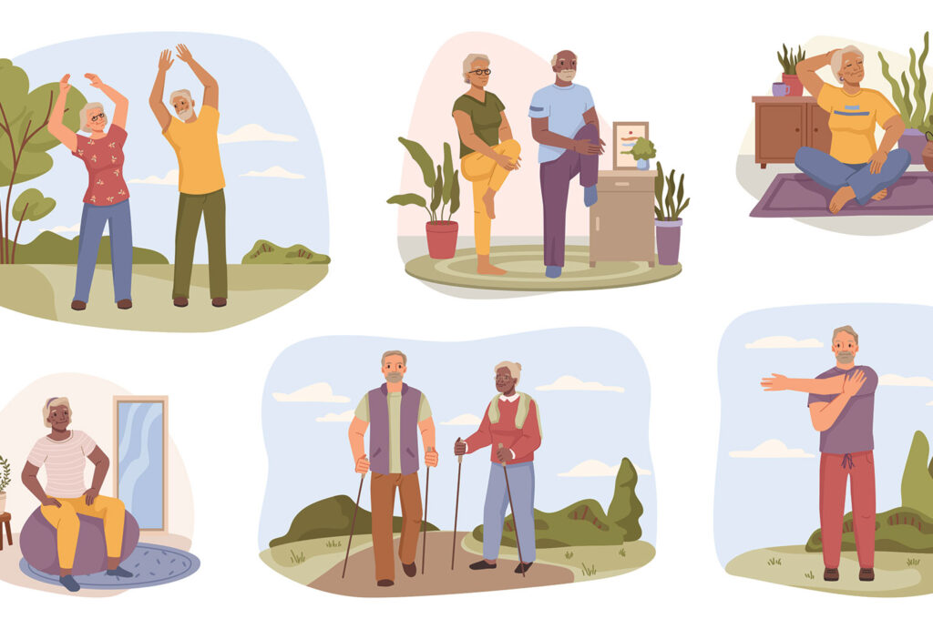 illustration of older adults doing various exercises