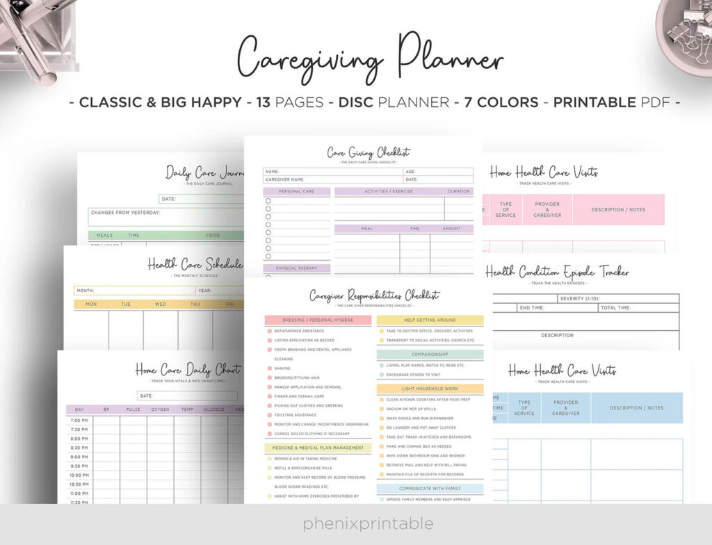 printable sheets with caregiving planner written at the top