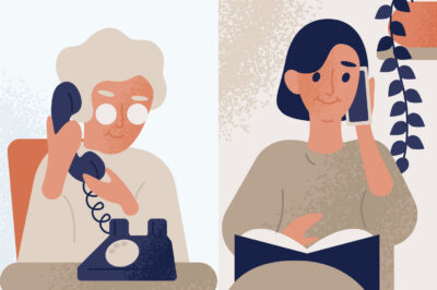 Daughter talking with her elderly mother or granny on telephone