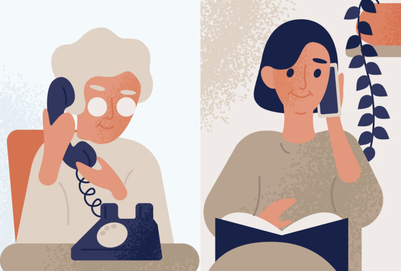 Daughter talking with her elderly mother or granny on telephone
