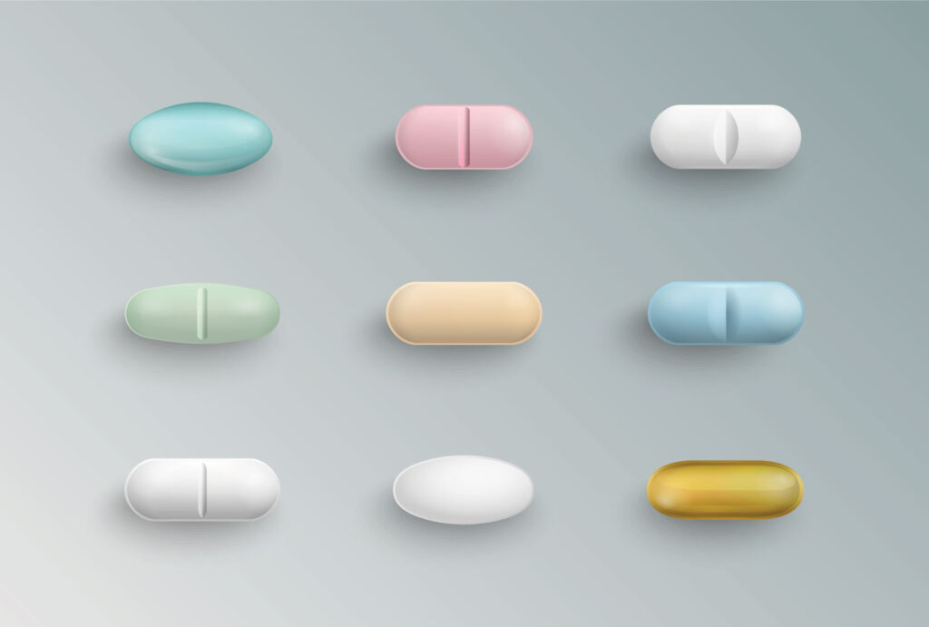 Realistic colorful medical pills, tablets, capsules isolated on background. 3d pills pharmaceutical vector illustration.