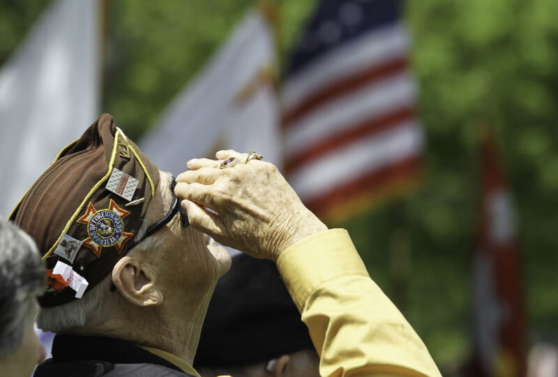 older veteran saluting with American flag in the background