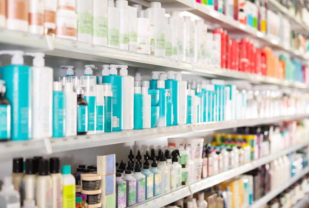 bottles of hair care products on store shelves