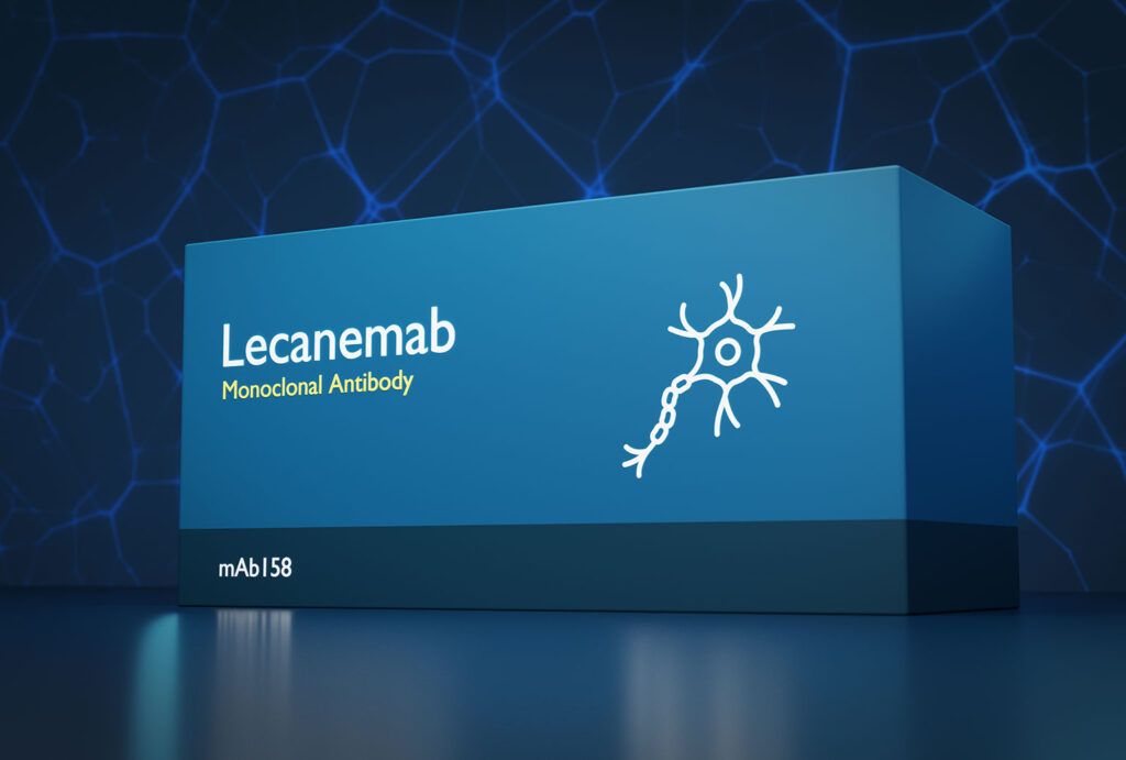 Lecanemab, a new drug in research for Alzheimer's disease. 3d rendering pharmaceutical illustration, box concept. Neuron design.