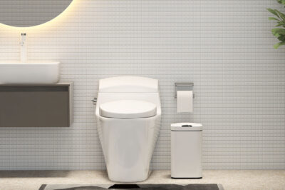 Realistic 3D rendering picture of a toilet with tissue holder and white trash bin next to a vanity units in minimal style with beautiful round mirror, faucet.