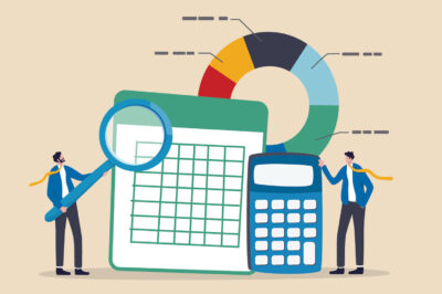 illustration of budgeting concept, charts, calculator, magnifying glass